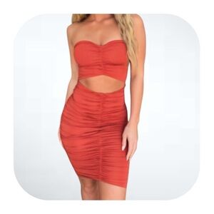 Tiger Mist S rust strapless ruched mini dress